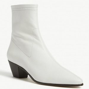 MAJE Flix Ankle Boots In White Faux Leather Pointed Toe Stacked Heel Zipper NEW